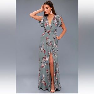Lulus Fiorire Slate Blue Floral Print Wrap Maxi Dress